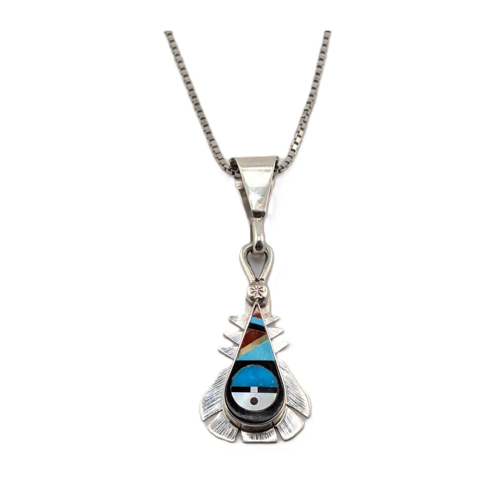 Zuni Pendant Multi Stone Inlay Feather Design Box Chain Necklace 20 in Jewelry**